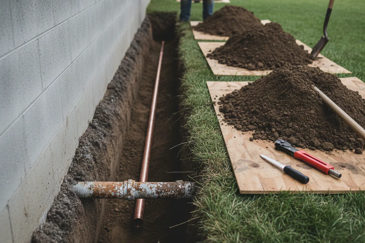 Excavated water line trench during Sewer Line Repair in Pomfret Center